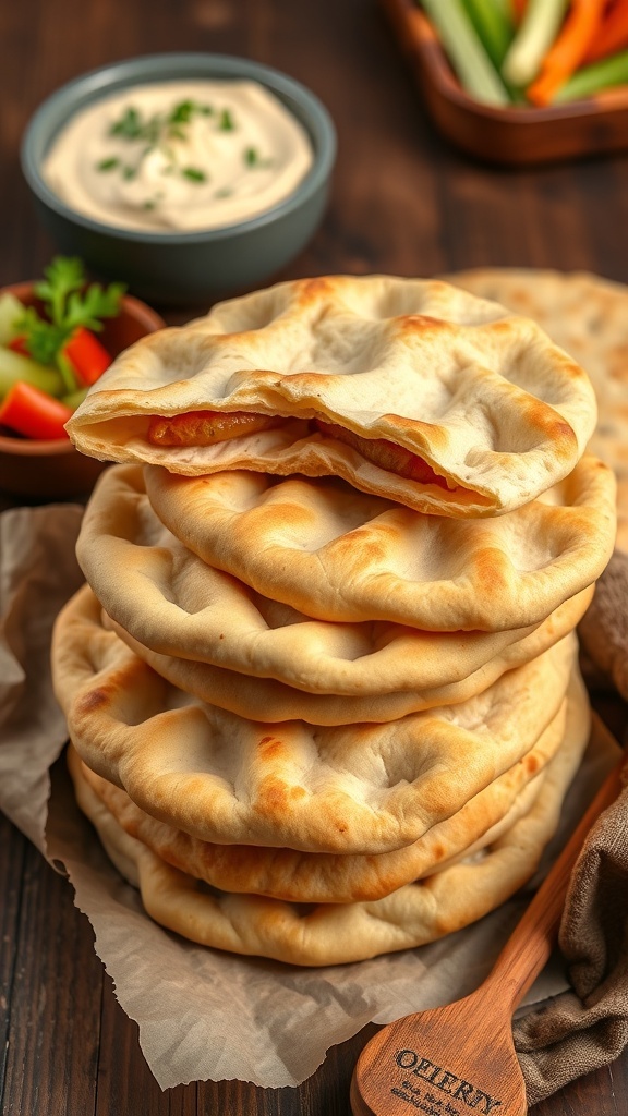Homemade Pita Bread Recipe Freshly baked pita bread stacked with pockets, served with hummus and vegetables.